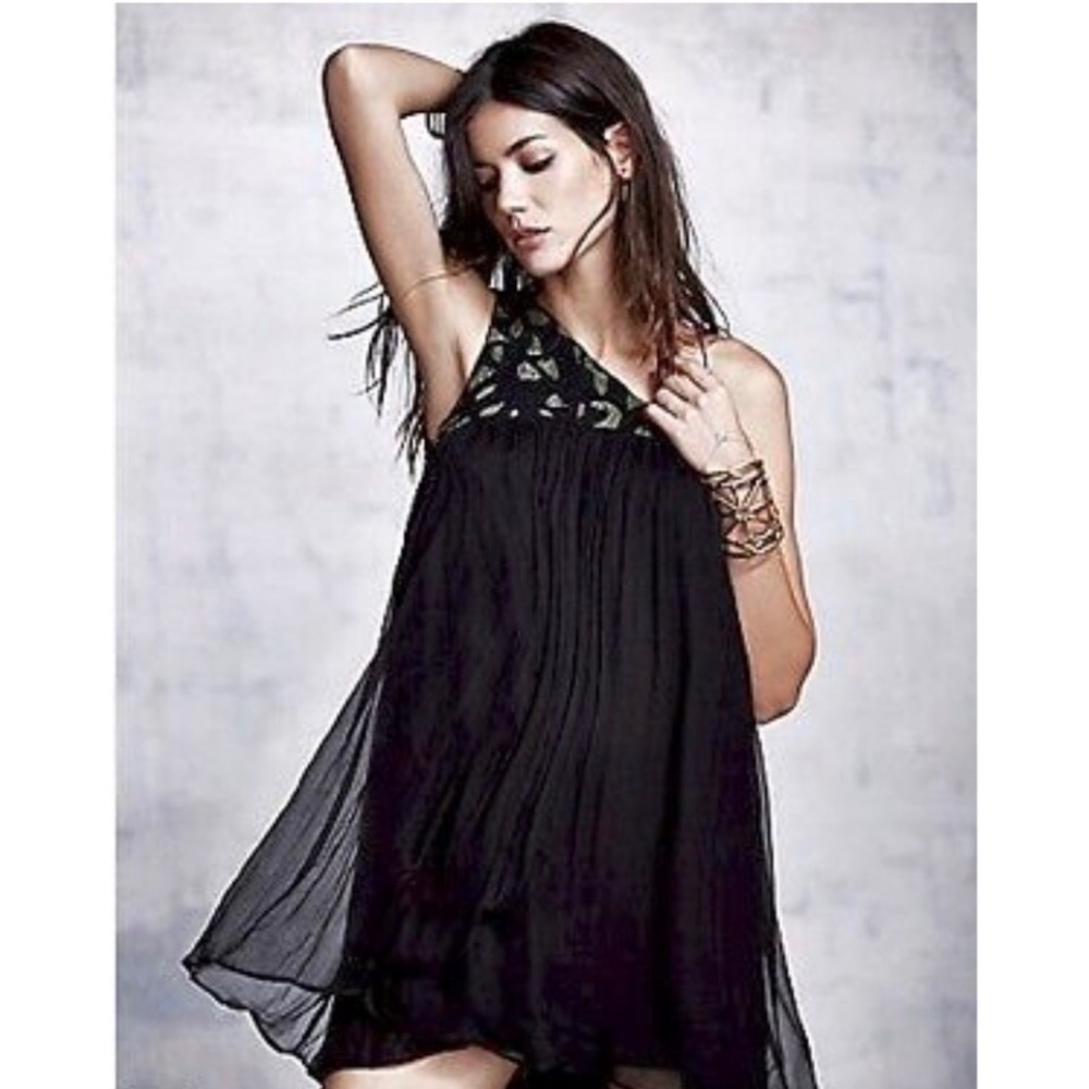 Free People Bohemian One Shoulder Beaded Babydoll Dress
